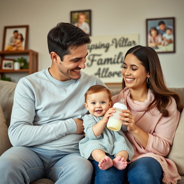A realistic family photo featuring a father and mother along with their one-year-old baby girl