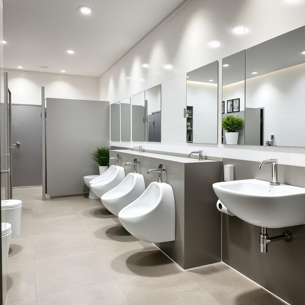 A modern women's restroom featuring sleek design elements, prominently displaying unisex urinals alongside traditional stalls