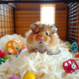 A cute, fluffy hamster sitting on a bed of soft bedding in its cage, surrounded by colorful toys and a small wheel