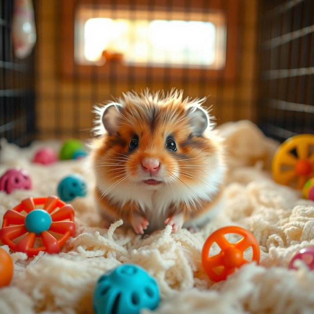 A cute, fluffy hamster sitting on a bed of soft bedding in its cage, surrounded by colorful toys and a small wheel