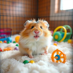 A cute, fluffy hamster sitting on a bed of soft bedding in its cage, surrounded by colorful toys and a small wheel