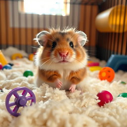 A cute, fluffy hamster sitting on a bed of soft bedding in its cage, surrounded by colorful toys and a small wheel