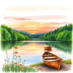 A realistic drawing of a serene landscape featuring a tranquil lake surrounded by lush green forests