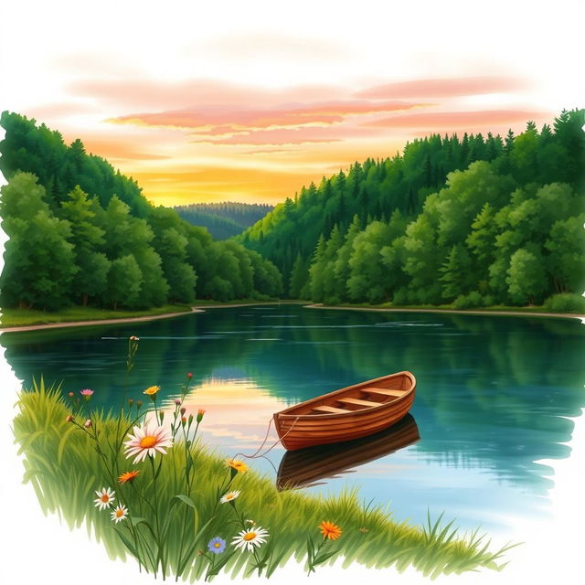 A realistic drawing of a serene landscape featuring a tranquil lake surrounded by lush green forests