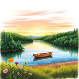 A realistic drawing of a serene landscape featuring a tranquil lake surrounded by lush green forests