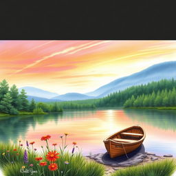 A realistic drawing of a serene landscape featuring a tranquil lake surrounded by lush green forests