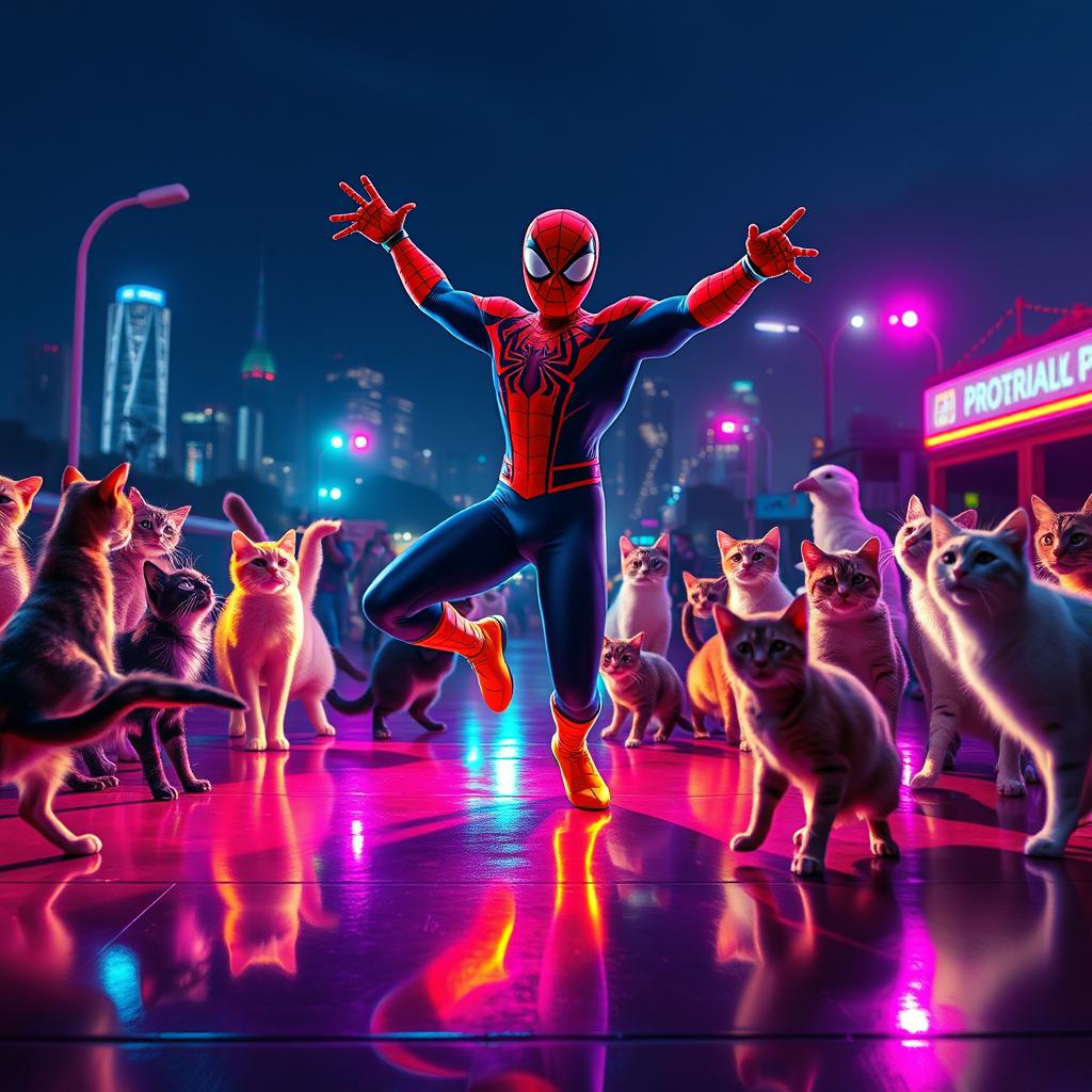A vibrant, neon-colored Spider-Man character joyfully dancing amidst a group of playful cats