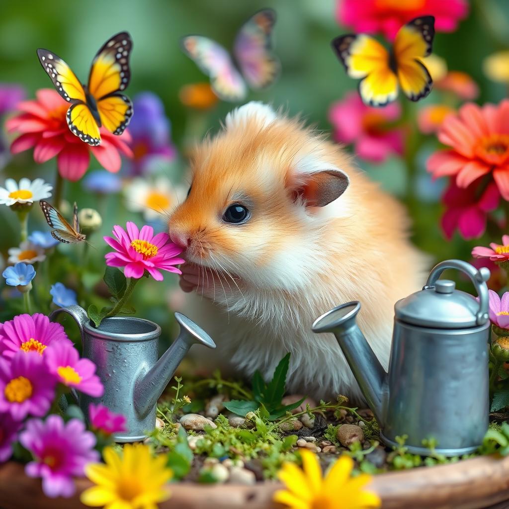 A cute and fluffy hamster sitting in a miniature garden, surrounded by vibrant flowers and greenery