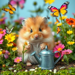 A cute and fluffy hamster sitting in a miniature garden, surrounded by vibrant flowers and greenery