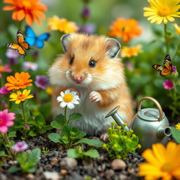 A cute and fluffy hamster sitting in a miniature garden, surrounded by vibrant flowers and greenery