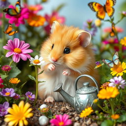 A cute and fluffy hamster sitting in a miniature garden, surrounded by vibrant flowers and greenery