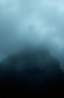 A dark island shrouded in thick fog, with an ominous atmosphere