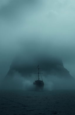 A dark island shrouded in thick fog, with an ominous atmosphere