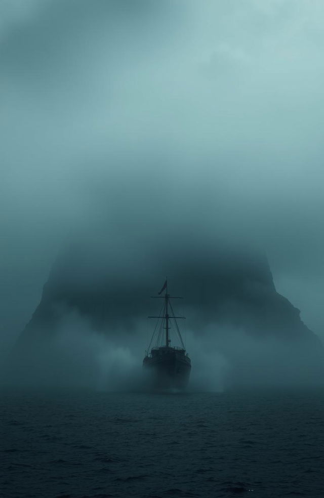 A dark island shrouded in thick fog, with an ominous atmosphere