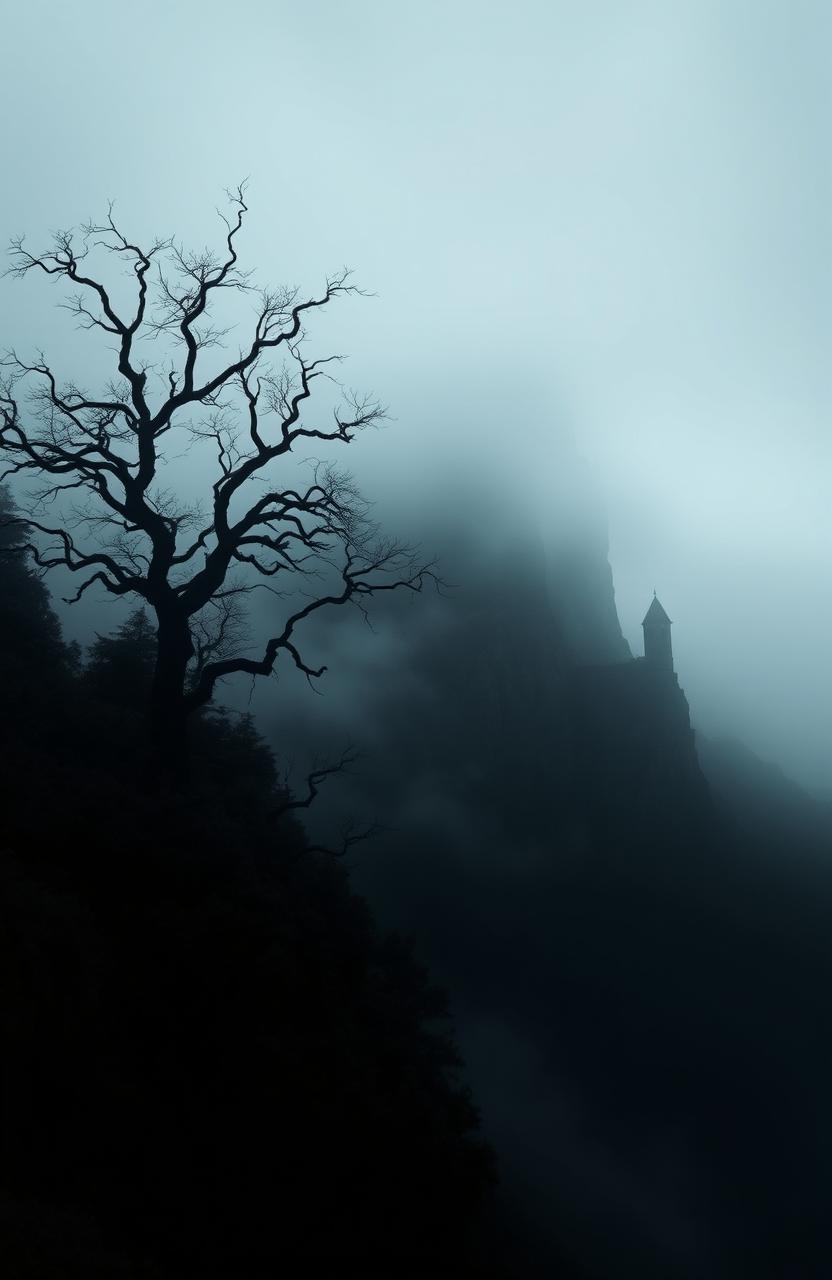A dark, mysterious island shrouded in thick fog, with dense forests and towering cliffs