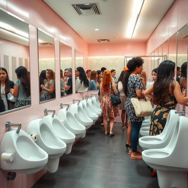 A busy women's restroom featuring elongated urinals specifically designed for women