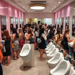 A busy women's restroom featuring elongated urinals specifically designed for women