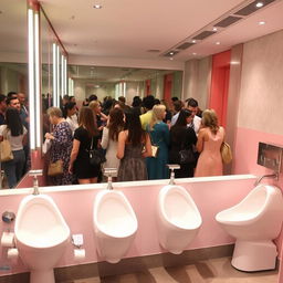 A busy women's restroom featuring elongated urinals specifically designed for women