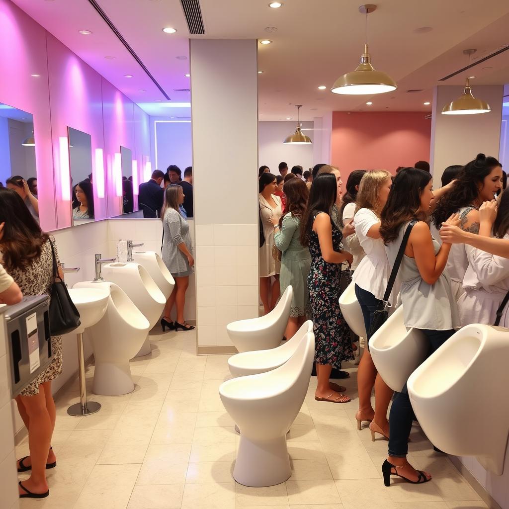 A busy women's restroom featuring elongated urinals specifically designed for women