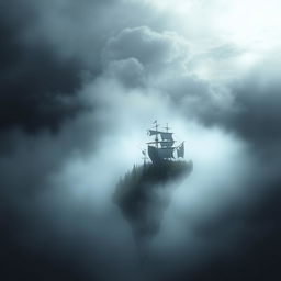 A dark, eerie island shaped like a human skull, shrouded in thick fog