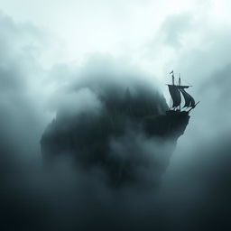 A dark, eerie island shaped like a human skull, shrouded in thick fog