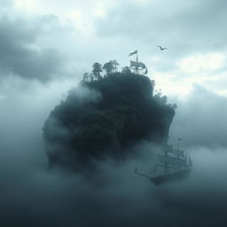 A dark, eerie island shaped like a human skull, shrouded in thick fog