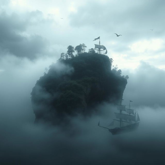 A dark, eerie island shaped like a human skull, shrouded in thick fog