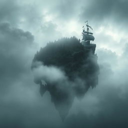 A dark, eerie island shaped like a human skull, shrouded in thick fog