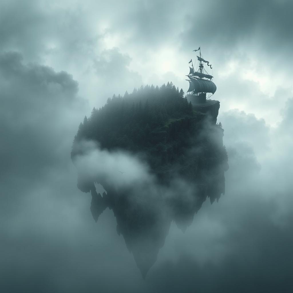 A dark, eerie island shaped like a human skull, shrouded in thick fog