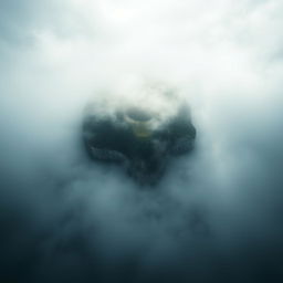 An aerial view of a dark, eerie island shaped like a human skull, surrounded by thick fog