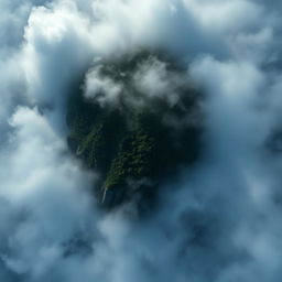 An aerial view of a dark, eerie island shaped like a human skull, surrounded by thick fog