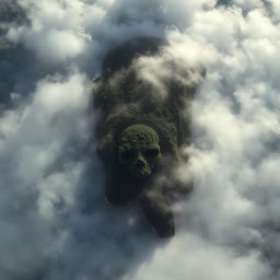 An aerial view of a dark, eerie island shaped like a human skull, surrounded by thick fog