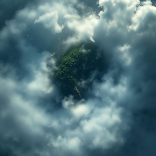 An aerial view of a dark, eerie island shaped like a human skull, surrounded by thick fog