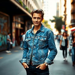 A stylish person wearing a denim jacket, standing confidently in an urban environment