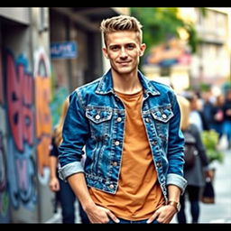 A stylish person wearing a denim jacket, standing confidently in an urban environment