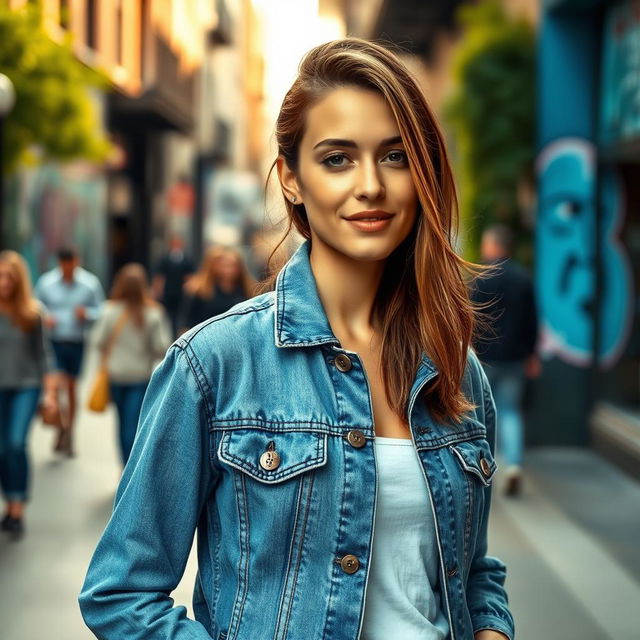 A stylish person wearing a denim jacket, standing confidently in an urban environment
