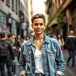 A stylish person wearing a denim jacket, standing confidently in an urban environment