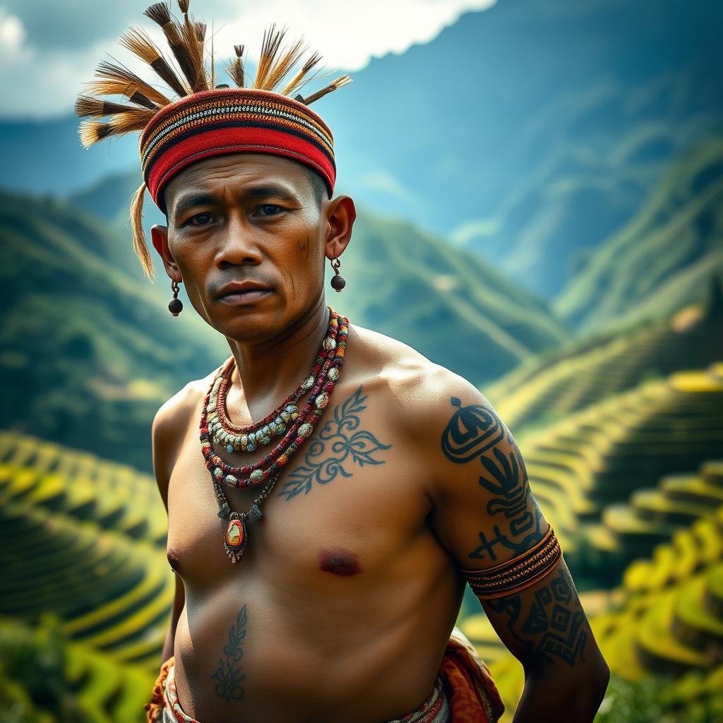 A portrait capturing the essence of an Ifugao indigenous person from the Philippines, showcasing traditional attire, skillfully woven textiles, and intricate jewelry