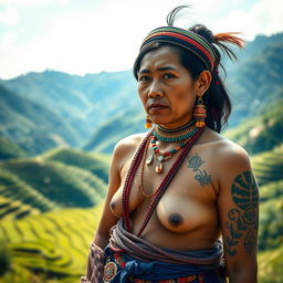 A portrait capturing the essence of an Ifugao indigenous person from the Philippines, showcasing traditional attire, skillfully woven textiles, and intricate jewelry