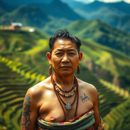 A portrait capturing the essence of an Ifugao indigenous person from the Philippines, showcasing traditional attire, skillfully woven textiles, and intricate jewelry