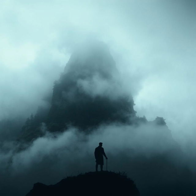 A dark, mysterious island shrouded in thick fog, with its silhouette visible at the bottom of the image