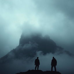A dark, mysterious island shrouded in thick fog, with its silhouette visible at the bottom of the image