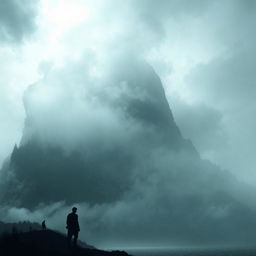 A dark, mysterious island shrouded in thick fog, with its silhouette visible at the bottom of the image