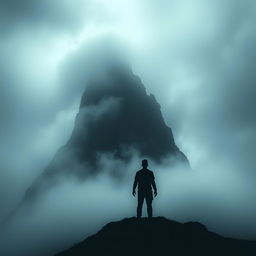 A dark, mysterious island shrouded in thick fog, with its silhouette visible at the bottom of the image