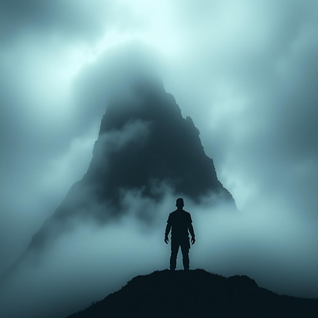 A dark, mysterious island shrouded in thick fog, with its silhouette visible at the bottom of the image