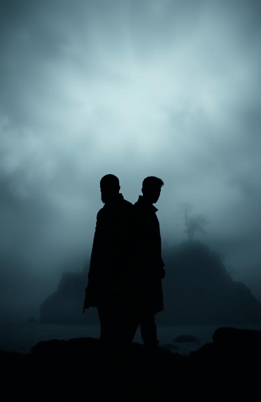A dark and misty island scene with a mysterious atmosphere, featuring the silhouettes of two men against a backdrop of fog and shadows