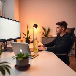 A modern, cozy office scene featuring a person sitting comfortably at a sleek desk, focused on a MacBook