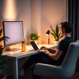 A modern, cozy office scene featuring a person sitting comfortably at a sleek desk, focused on a MacBook