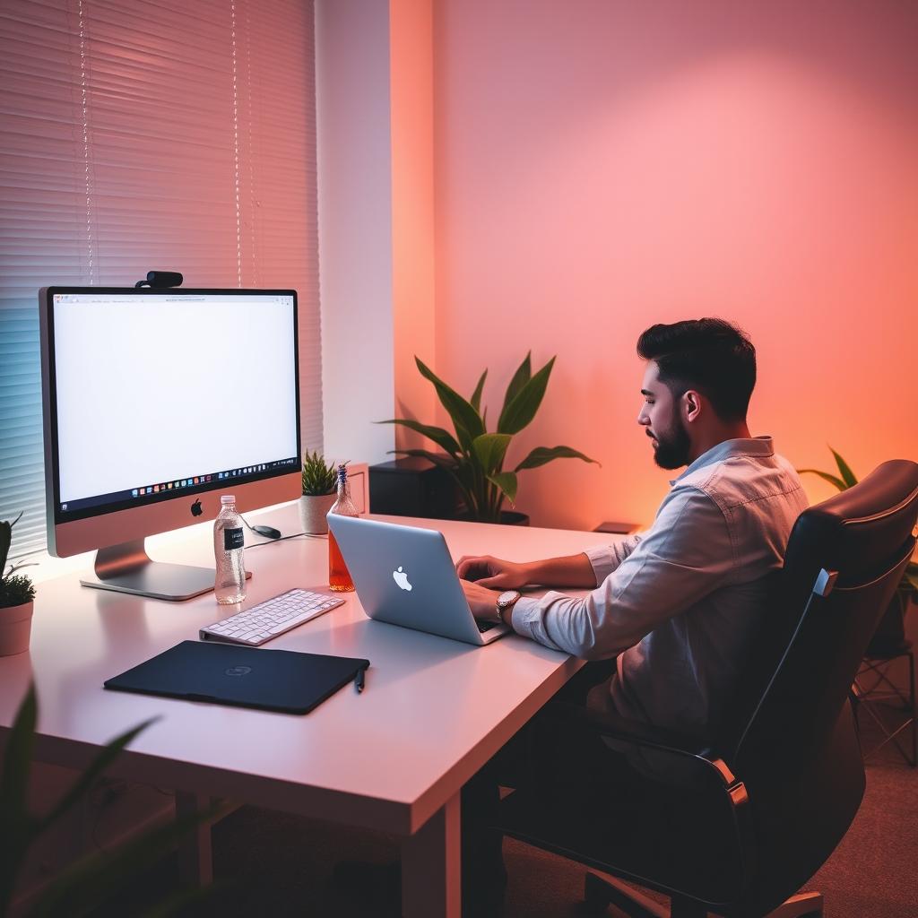 A modern, cozy office scene featuring a person sitting comfortably at a sleek desk, focused on a MacBook
