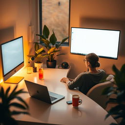 A modern, cozy office scene featuring a person sitting comfortably at a sleek desk, focused on a MacBook